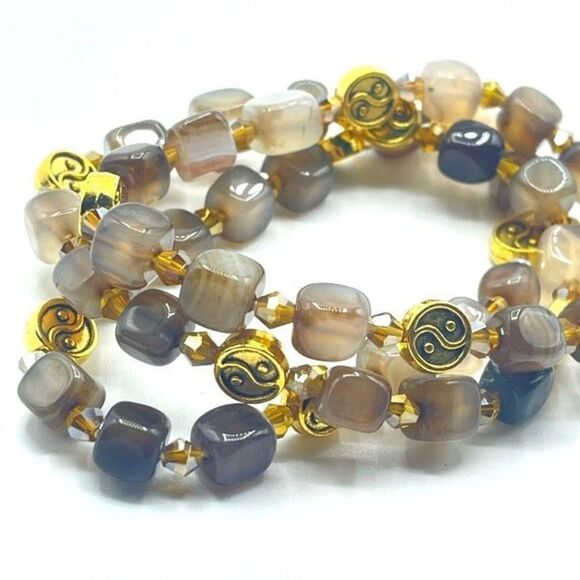 Crystal beaded stretch bracelet ONE NEW yin Yang coffee agate - Picture 1 of 10